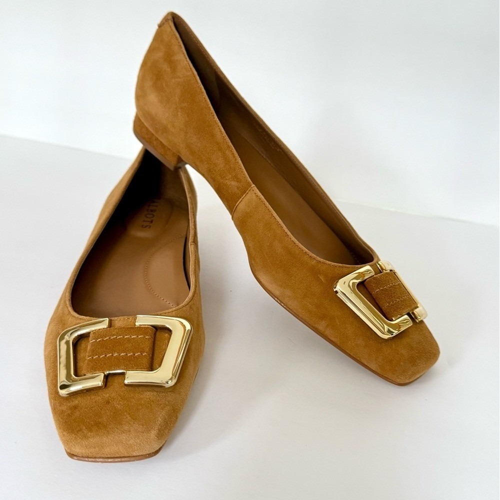 Talbots Tan Suede Square Toe Buckle Flats Cognac Leather Shoes 7.5M